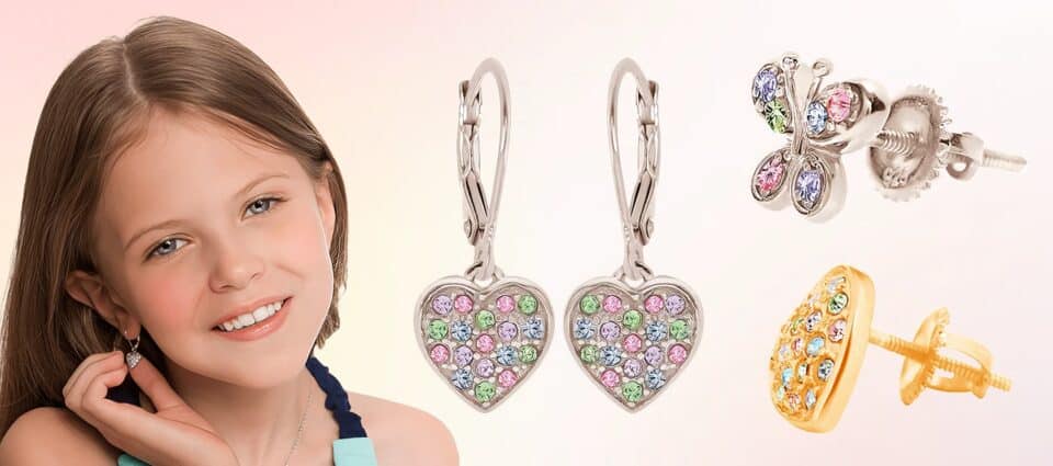 Benefits of Non-Toxic Jewelry for Kids: 7 Safe & Healthy Reasons 2 Pink and purple gemstone heart-shaped earrings and butterfly and ladybug stud earrings for girls or women with colorful gemstones and shiny silver and gold settings, perfect jewelry gift ideas for special occasions or everyday wear.