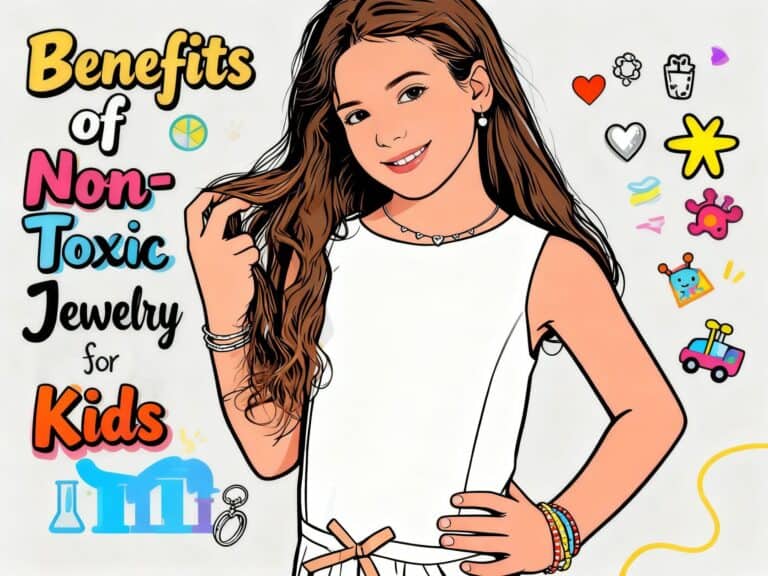 Benefits of non-toxic jewelry for kids, colorful illustration of a girl with jewelry, playful accessories, and fun icons, emphasizing safe and stylish jewelry options for children.