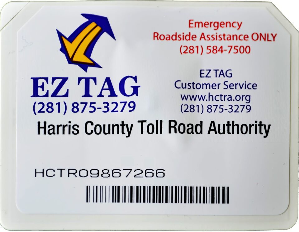 EZ Tag Explained: 5 Key Benefits for Stress-Free Toll Travel 2 EZ Tag Harris County Toll Road Authority, emergency roadside assistance, customer service contact, barcode, and website information for toll tag registration and inquiries.