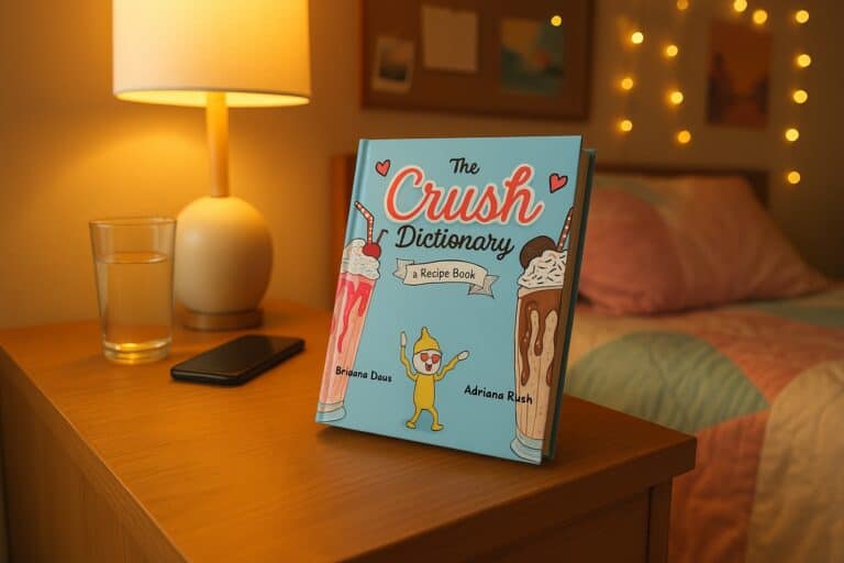 Colorful "The Crush Dictionary" recipe book featuring sweet illustrations on a bedside table with a lamp, glass of water, and a smartphone in cozy bedroom decor.