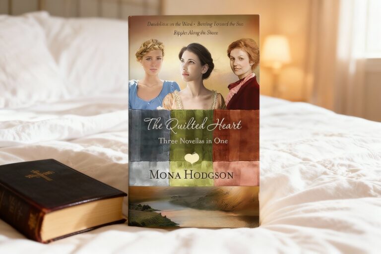 Elegant book cover for "The Quilted Heart" by Mona Hodgson featuring three women in vintage attire, placed on a cozy bed with a Bible nearby, perfect for book lovers and historical fiction enthusiasts.