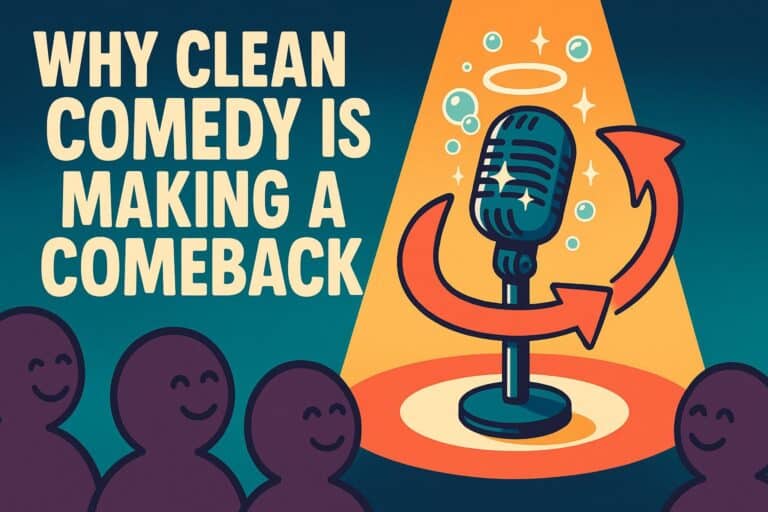 Making people laugh with clean comedy highlights in a colorful, animated style featuring a microphone, a comedy stage spotlight, and smiling audience members, emphasizing fun, family-friendly entertainment and comedy tips.