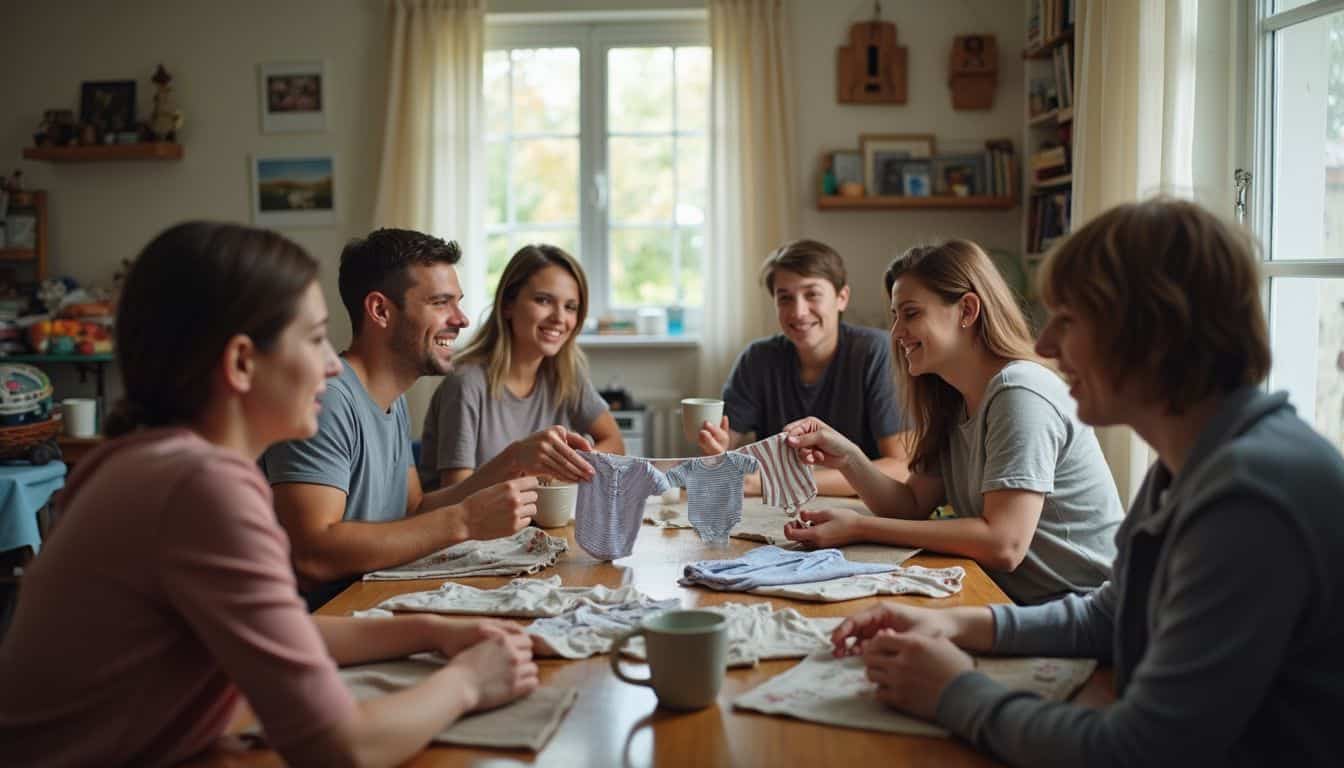 A relaxed gathering of friends and family sharing worn baby clothes around a cluttered living room table. Cozy family gathering around a dining table, sharing baby clothes and enjoying quality time at home, creating warm memories and celebrating family moments.