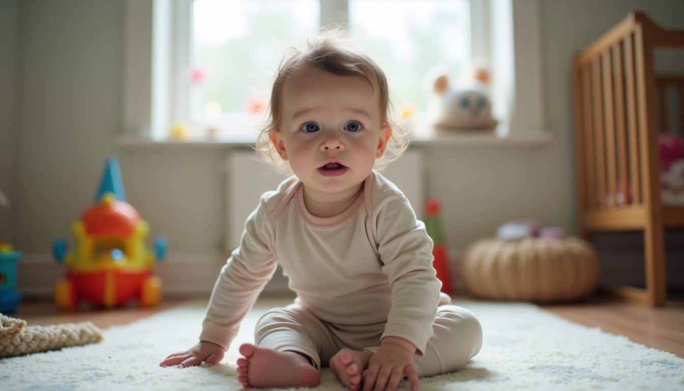 A toddler plays in a cozy, cluttered nursery filled with toys and everyday comforts. Adorable baby crawling on a cozy nursery floor with toys and natural light, emphasizing child development and home safety for parents and caregivers.