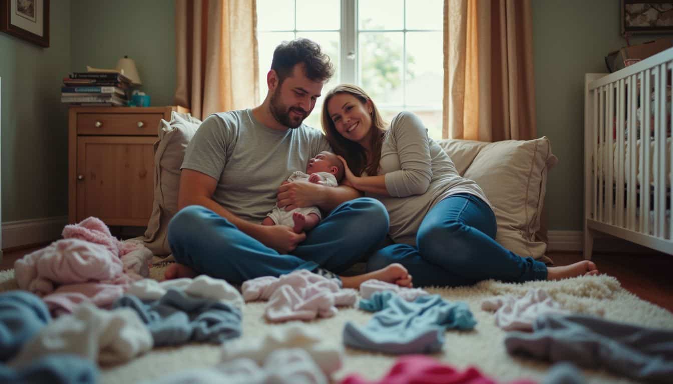 A tired but relaxed family shares a quiet, genuine moment with their newborn in a cozy, lived-in nursery. A family of three with a newborn baby sitting on the bedroom floor, surrounded by laundry, smiling and enjoying family bonding time in a cozy home.