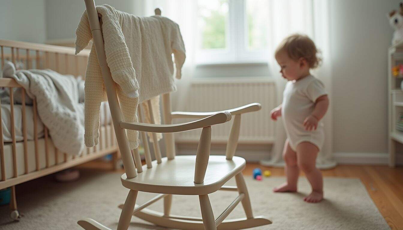 A cozy nursery features worn baby clothes on a rocking chair, with a toddler playing in the background. Soft baby clothes hanging on a wooden chair in a cozy nursery room with natural light.