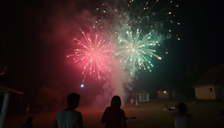 Fireworks display at night over a neighborhood with children and families watching, colorful explosive patterns lighting up the sky, celebrating a festive occasion or holiday event.