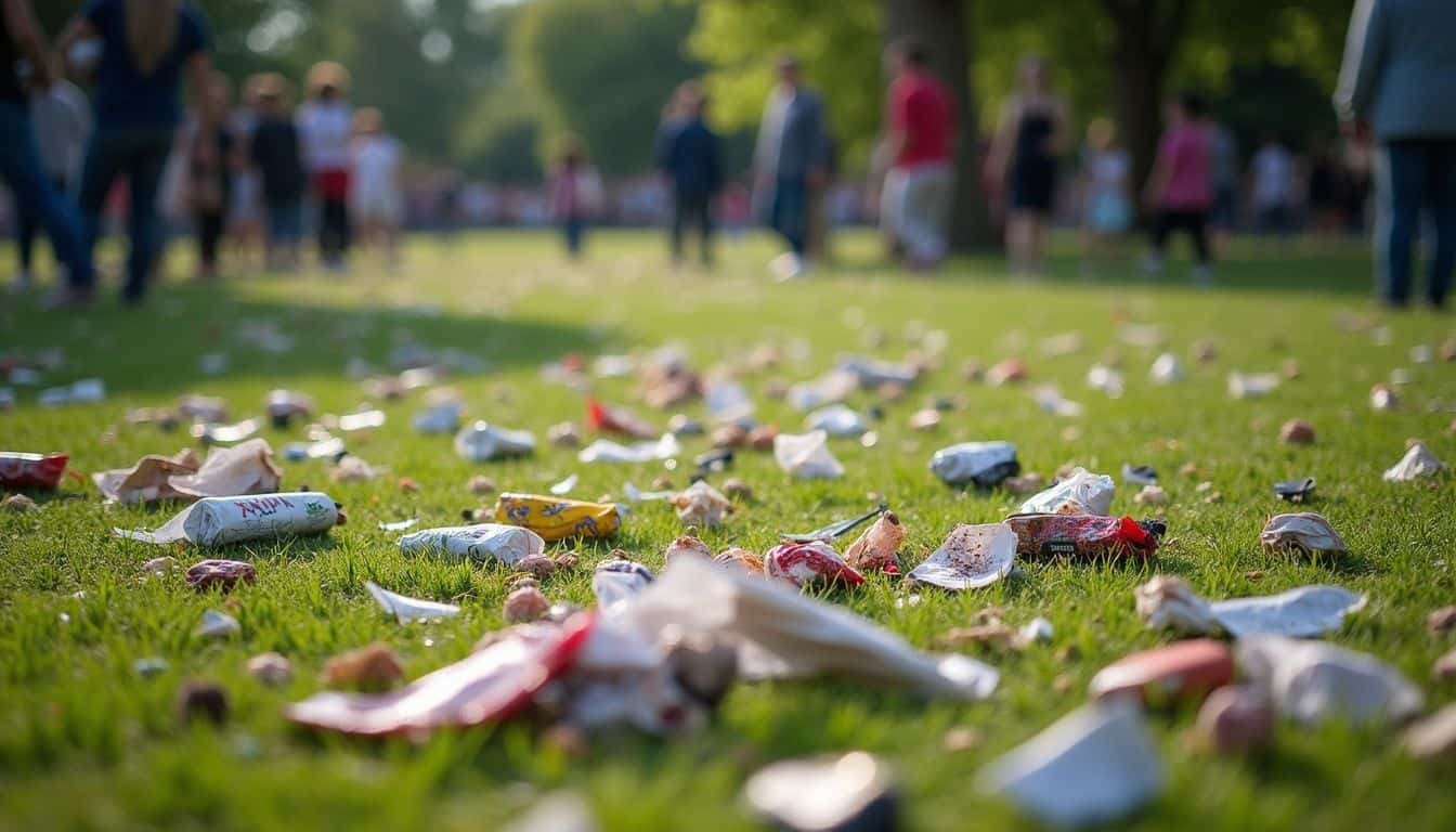 A park littered with trash and remnants from a fireworks event, depicting an unpolished everyday aftermath. Litter on grassy park with people in background, trash scattered on ground after outdoor event or festival, environmental cleanup needed, waste management, pollution, trash collection, environmental conservation, outdoor event cleanup, community responsibility, park maintenance, waste reduction, eco-friendly practices, littering awareness, environmental impact, sustainable events, park preservation, public cleanup effort, waste disposal, green space preservation, outdoor gathering cleanup, environmental responsibility.