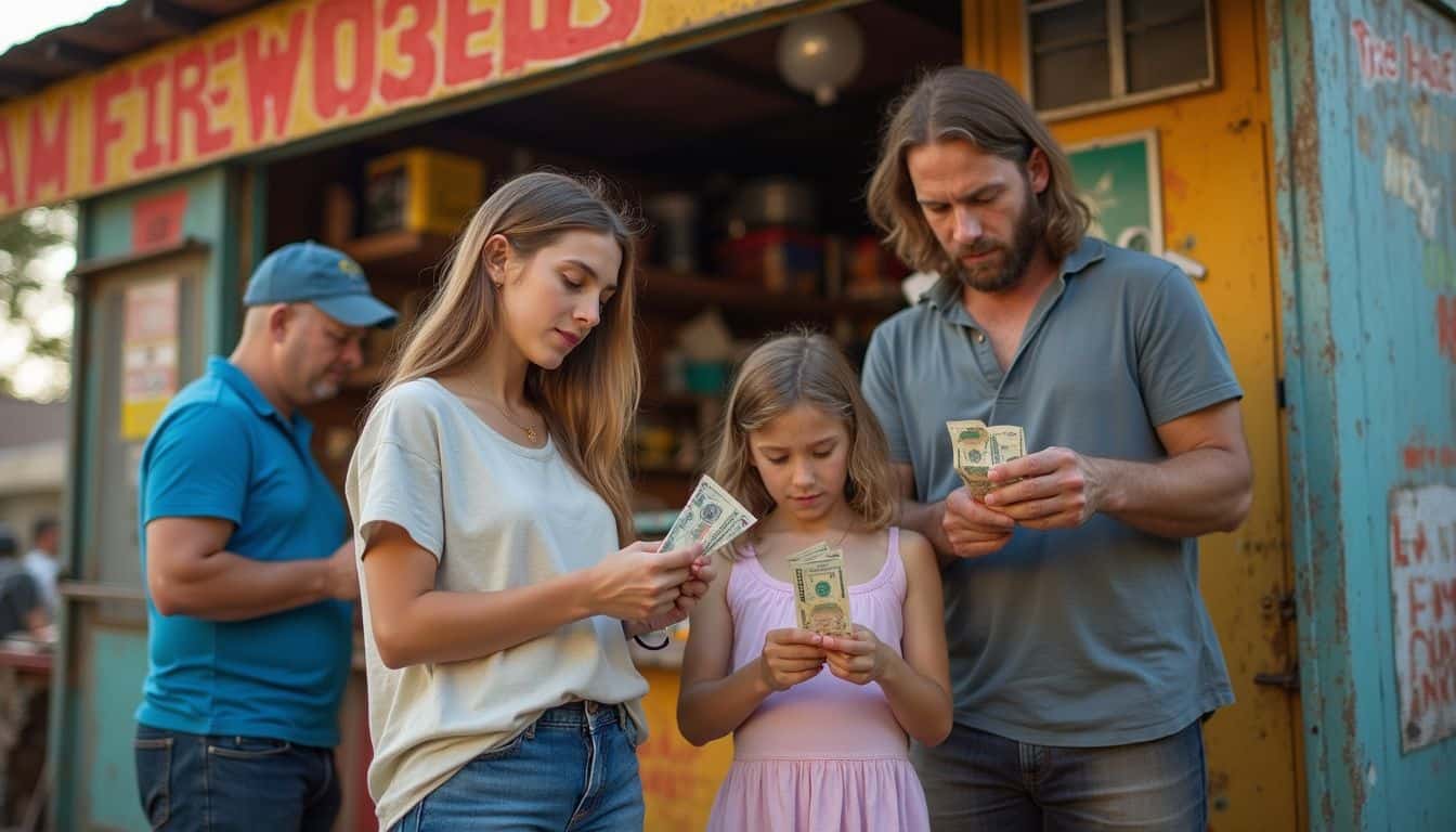 A family of four casually sorts through bills while shopping at a colorful fireworks stand. Money exchange at a colorful outdoor stand with family members inspecting cash.