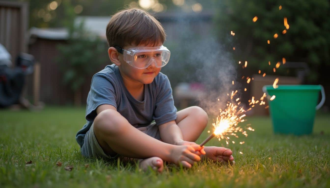 An 8-year-old boy in safety goggles lights a firework in a casual backyard setting. Sparkler safety tips for kids, outdoor fireworks activities, children enjoying sparklers, safe holiday celebrations with kids, family-friendly firework safety awareness.