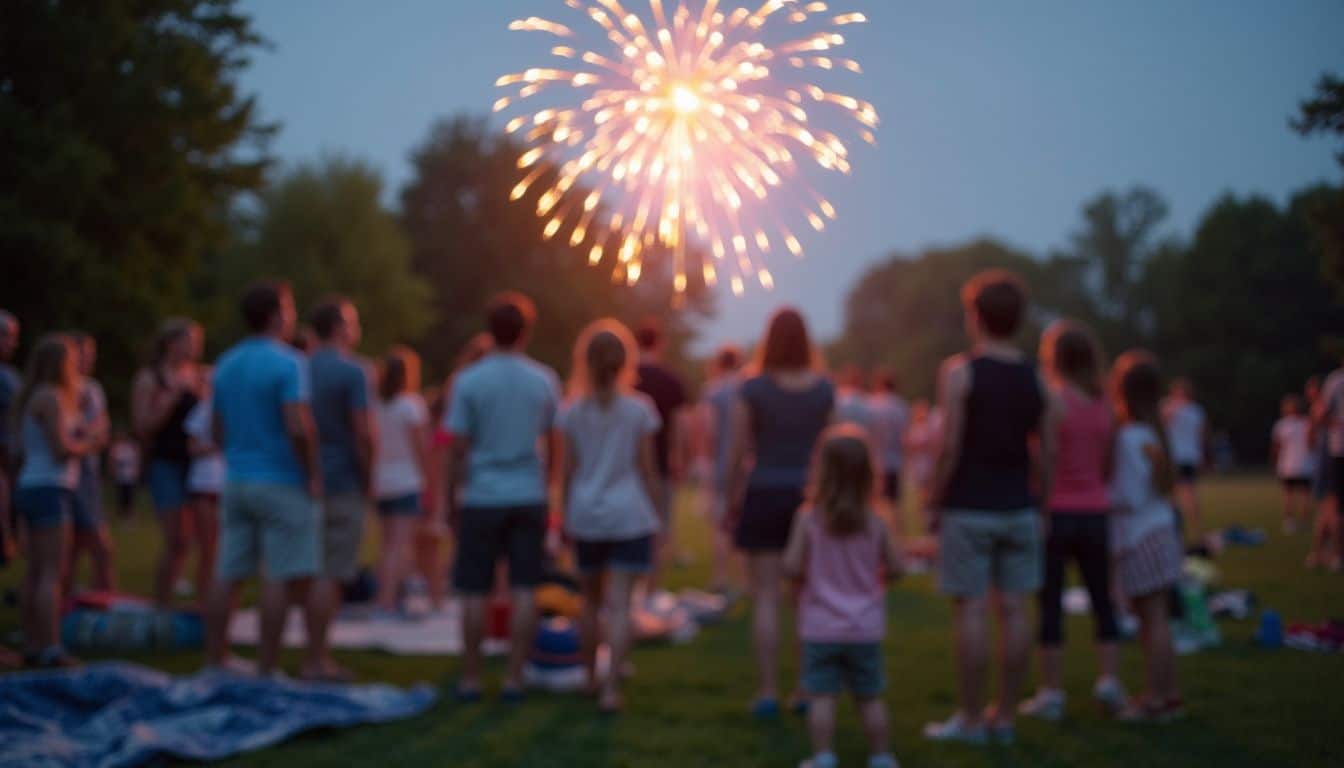 A casual gathering of families and friends enjoying fireworks in a grassy field at twilight. Fireworks display at a summer outdoor celebration with a crowd of people watching the colorful explosion in the night sky; festive event with families and friends enjoying fireworks show for Independence Day or special occasion.