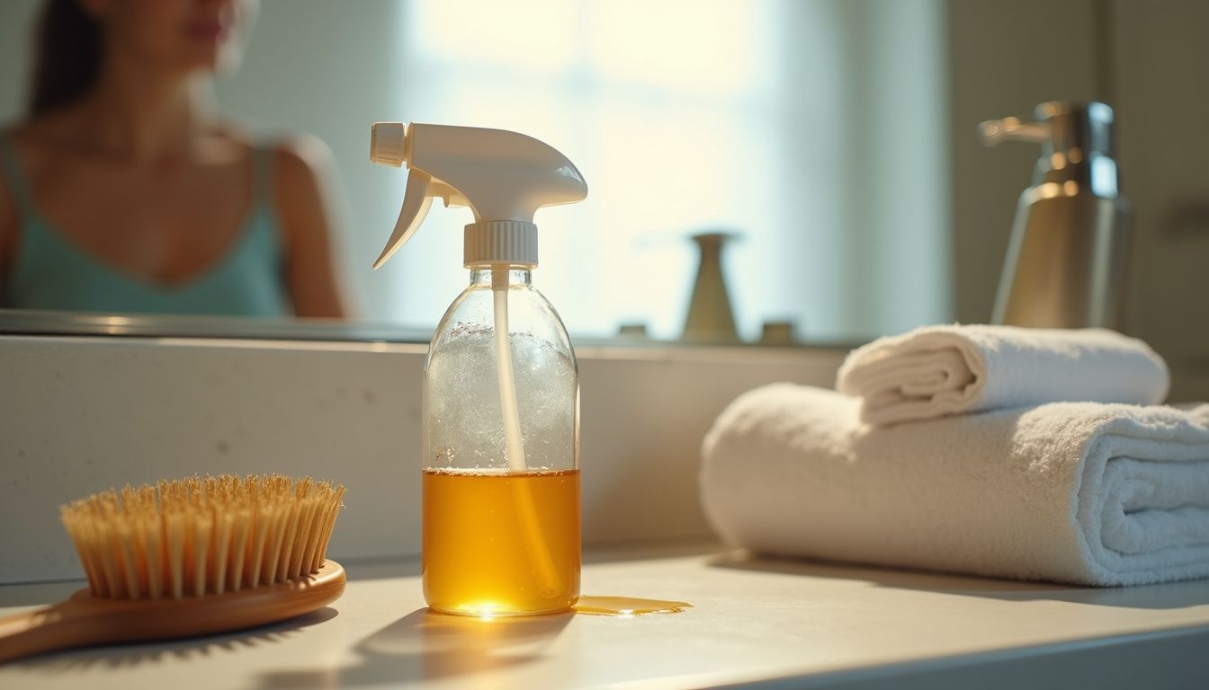 A casual bathroom scene features everyday items, including a spray bottle, hairbrush, and towels, creating a lived-in atmosphere.