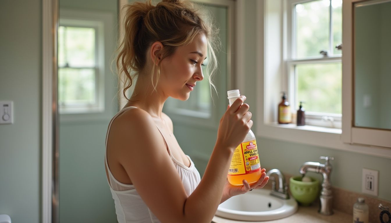 A woman casually applies apple cider vinegar rinse to her scalp in a relaxed bathroom setting.