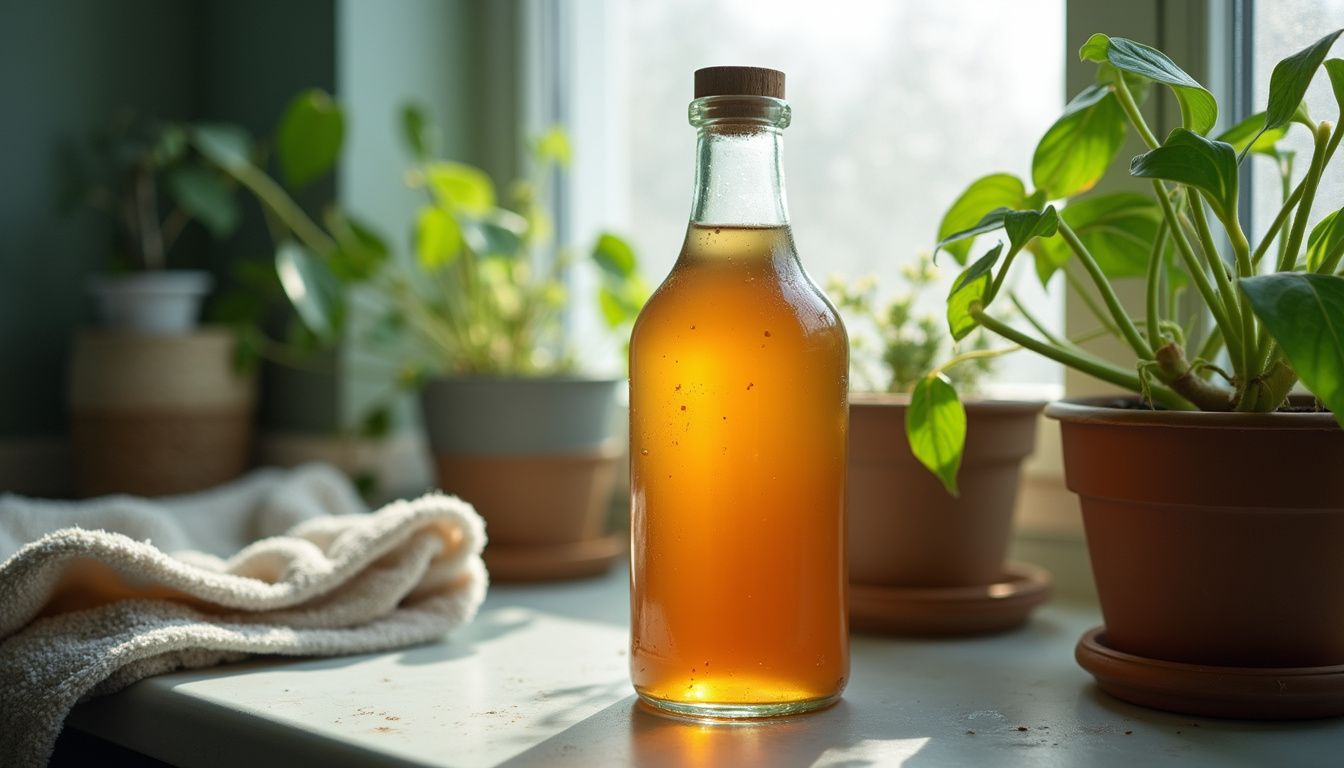 A glass bottle of apple cider vinegar sits on a cluttered bathroom shelf next to green plants.