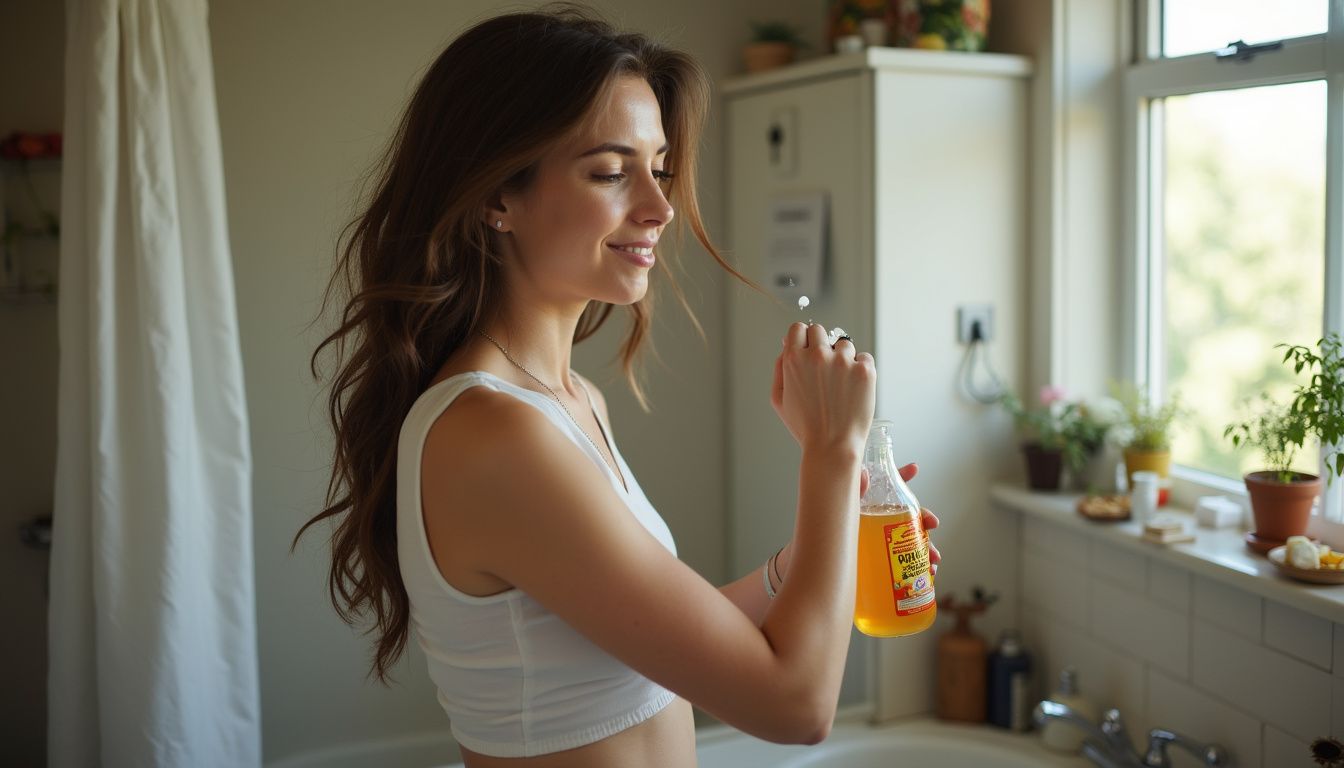 A woman in her 30s casually applies apple cider vinegar rinse to her hair in a cluttered bathroom.