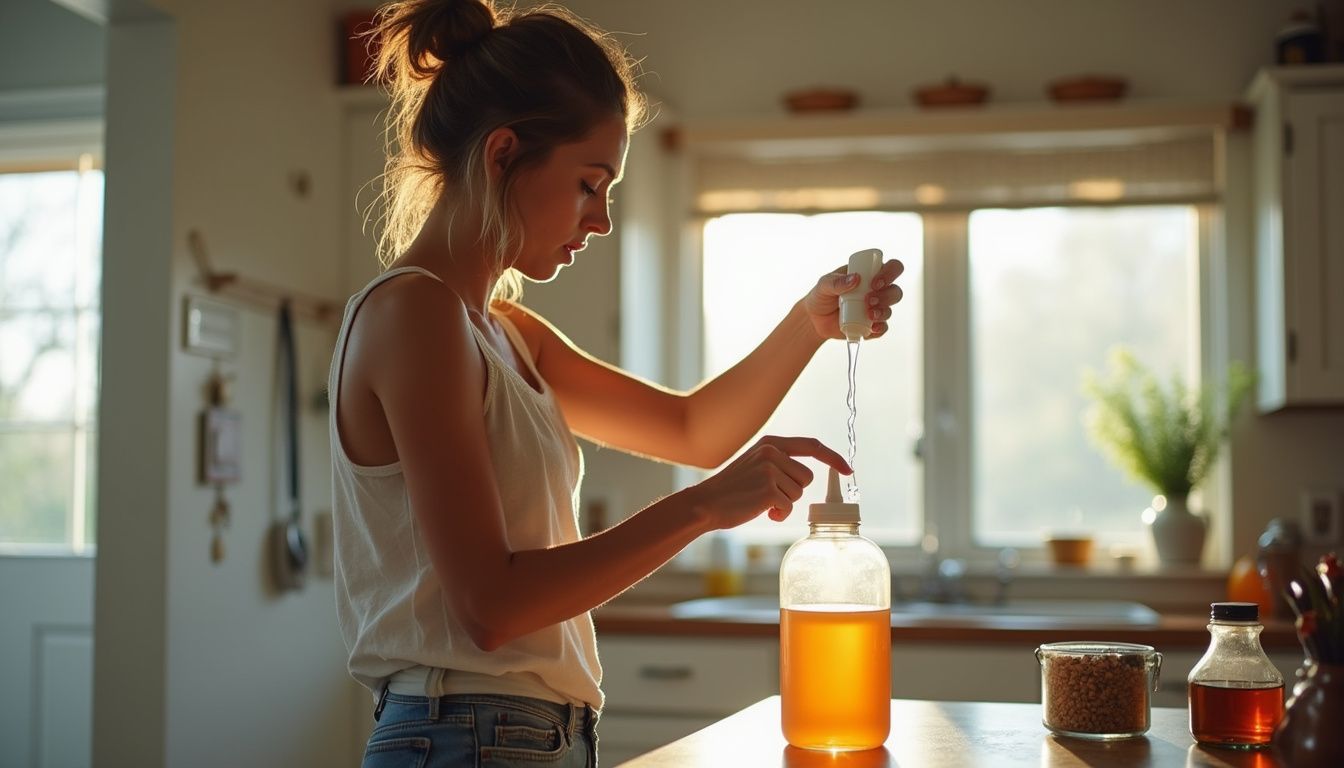 A woman in her 30s casually mixes apple cider vinegar with water in a lived-in kitchen.