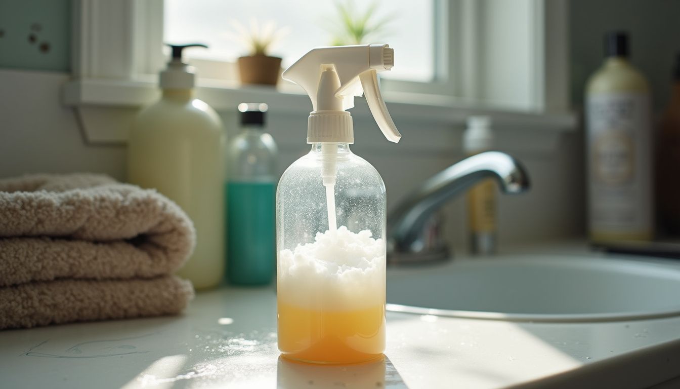 A cluttered bathroom counter features a glass spray bottle next to everyday hair care products and a folded towel.