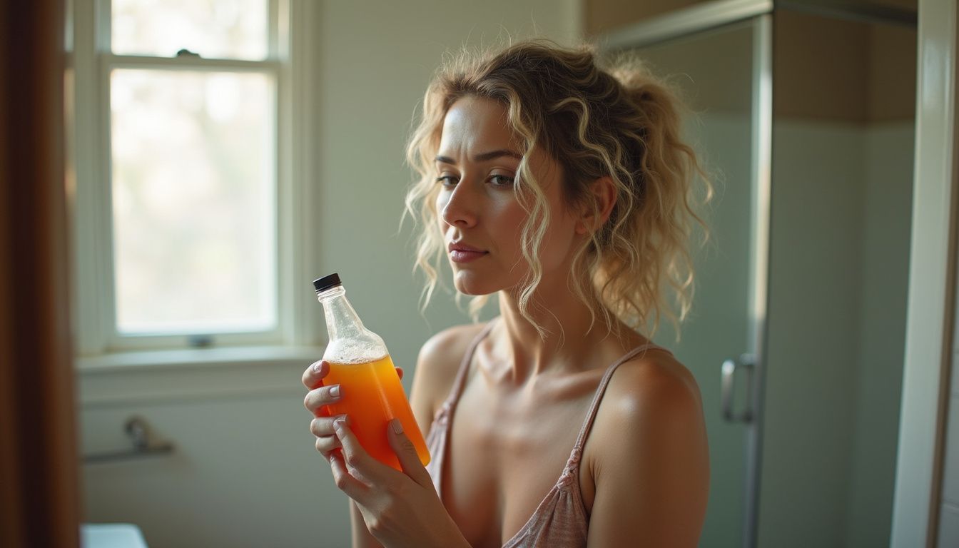 A middle-aged woman applies diluted apple cider vinegar to her fine, messy hair in a modest bathroom.