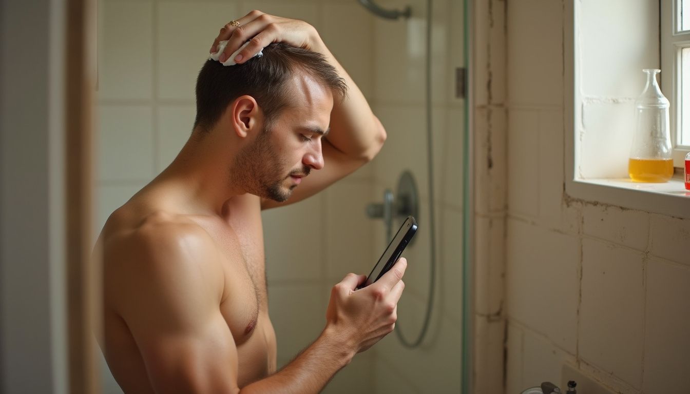 A man in his 30s casually applies diluted apple cider vinegar to his scalp in a modest bathroom.
