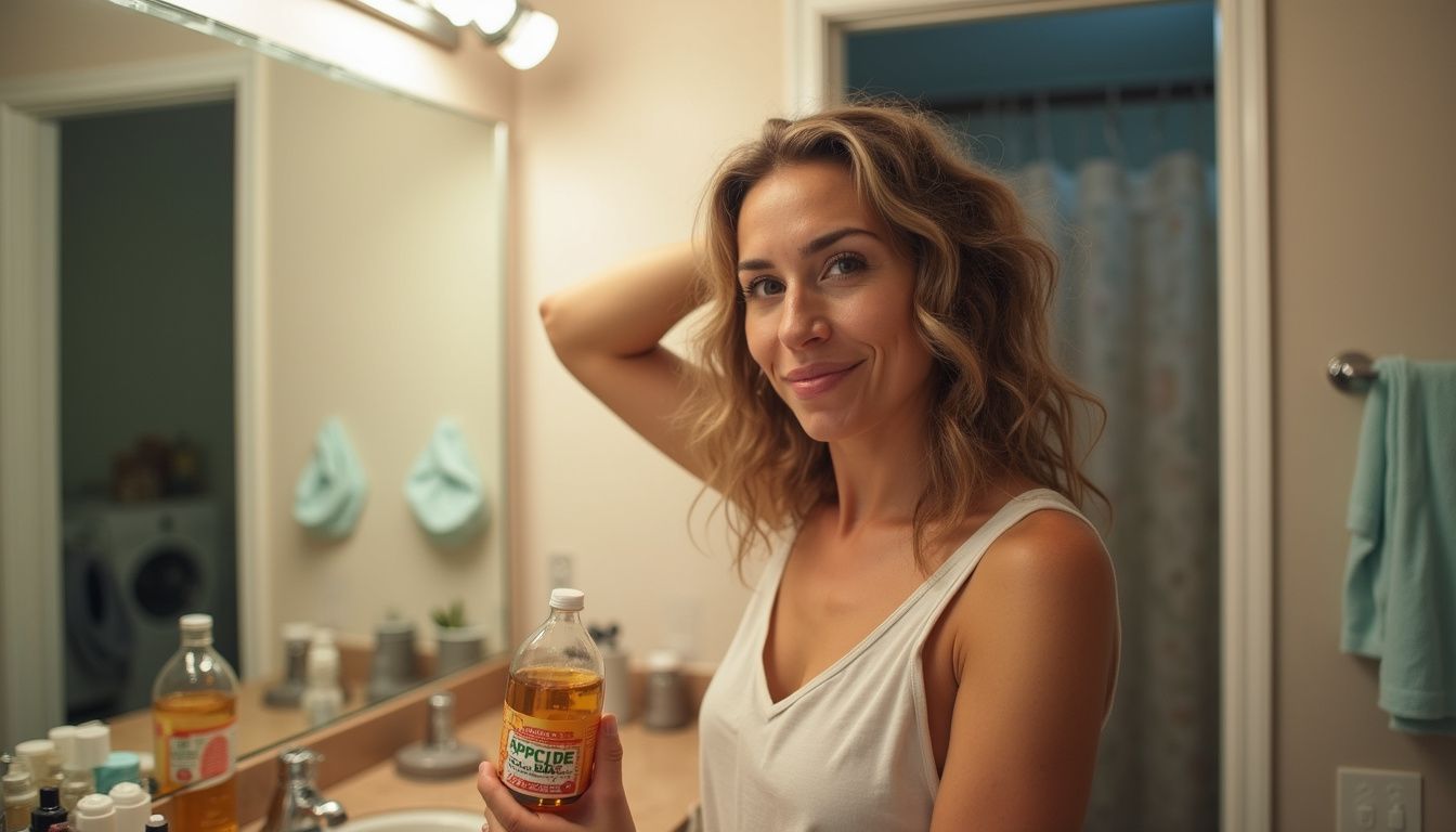 A middle-aged woman is casually pouring apple cider vinegar onto her hair in a cluttered bathroom.