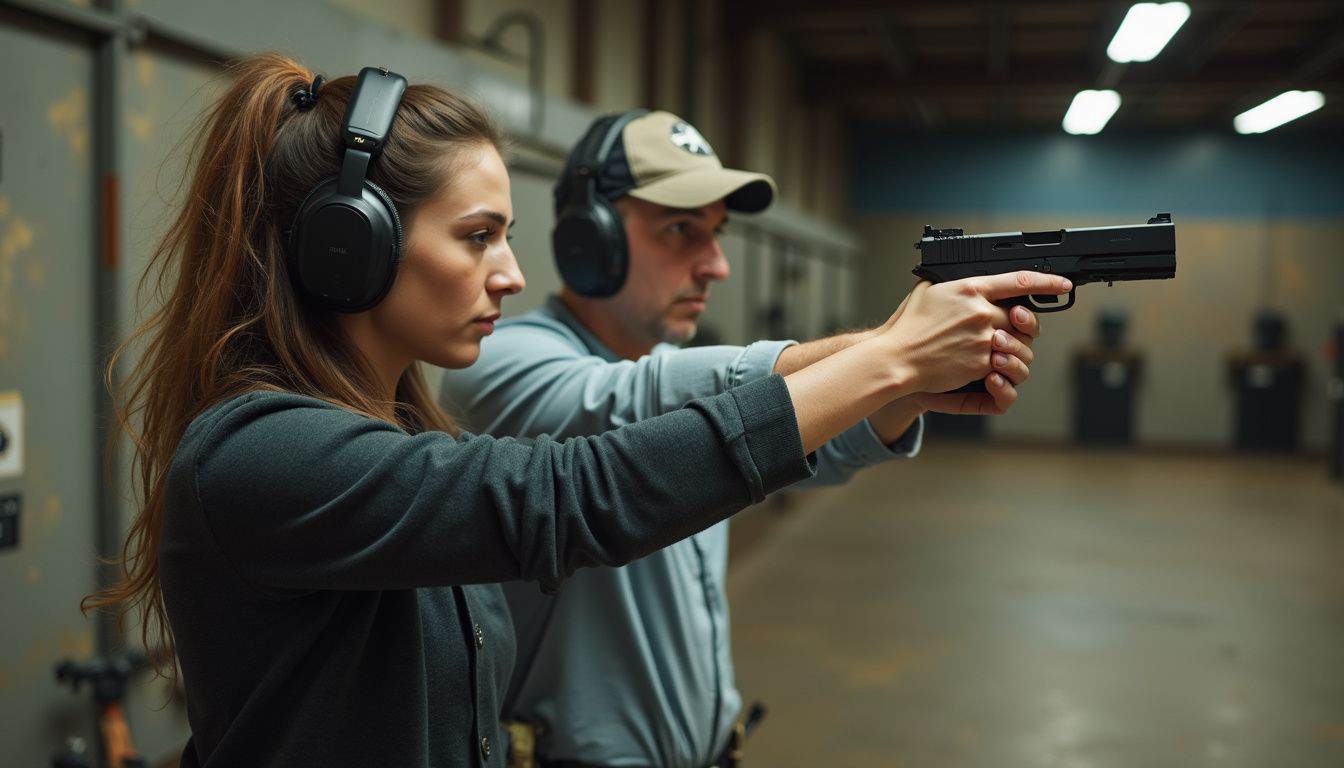 A woman practices shooting at an indoor range while receiving tips from an instructor on firearm safety. Target shooting practice at the gun range with a female shooter aiming a handgun, supported by an instructor; focus on firearm safety, marksmanship, and shooting skills.