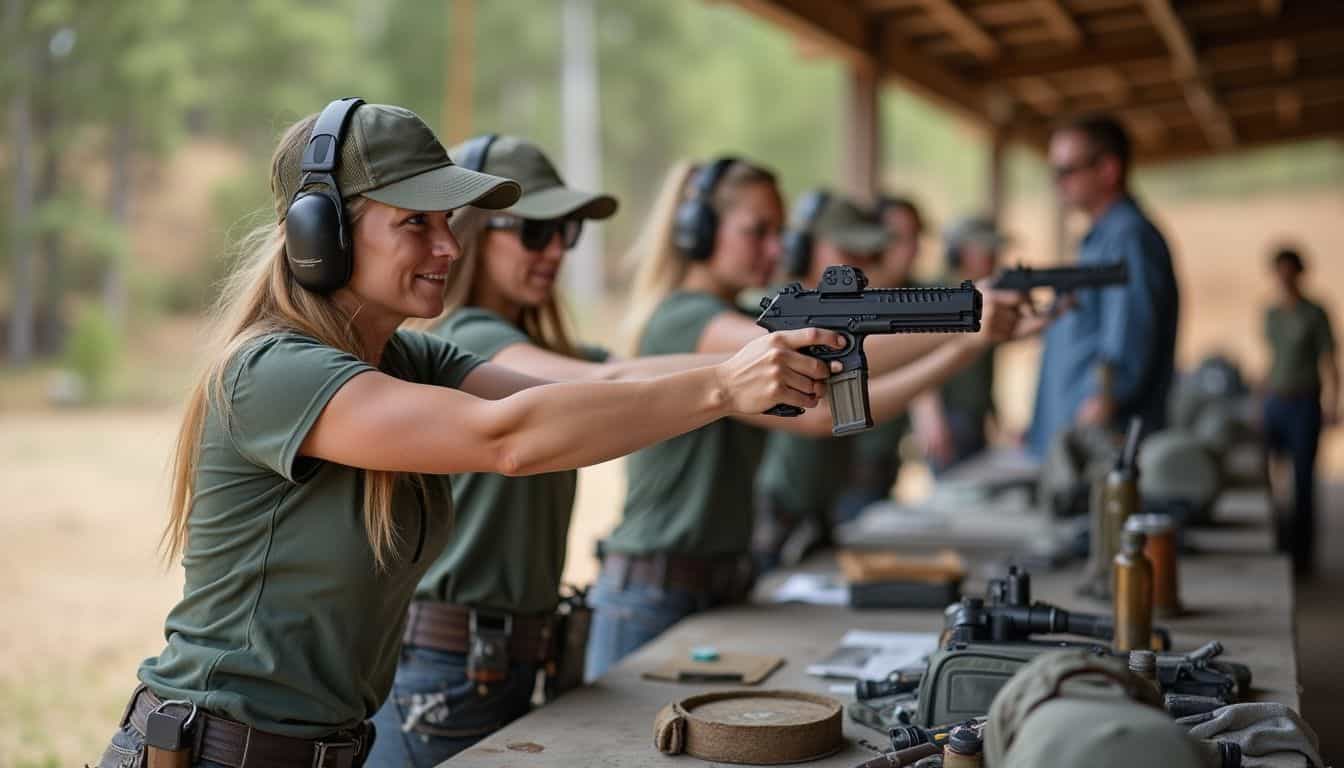 A group of women casually trains at a shooting range, guided by instructors amidst everyday equipment. Women at outdoor shooting range practicing with pistols, wildlife training event, tactical firearms training, outdoors shooting lesson, target practice in nature setting.