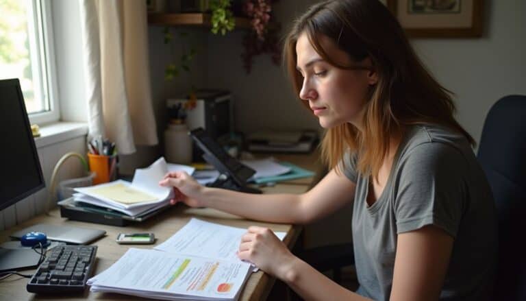 Confused woman working at cluttered home office desk with papers and documents.