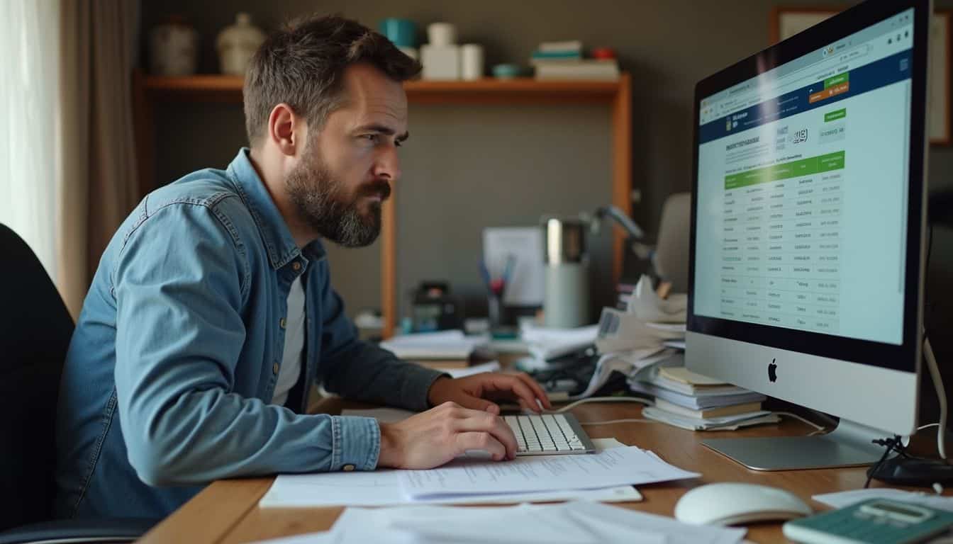 A man in his 30s sits at a cluttered desk, focused on a debt calculator amid everyday financial stress. Overwhelmed man managing spreadsheets on a desktop computer, working at home office, cluttered desk, remote work, data analysis, financial planning, stress.