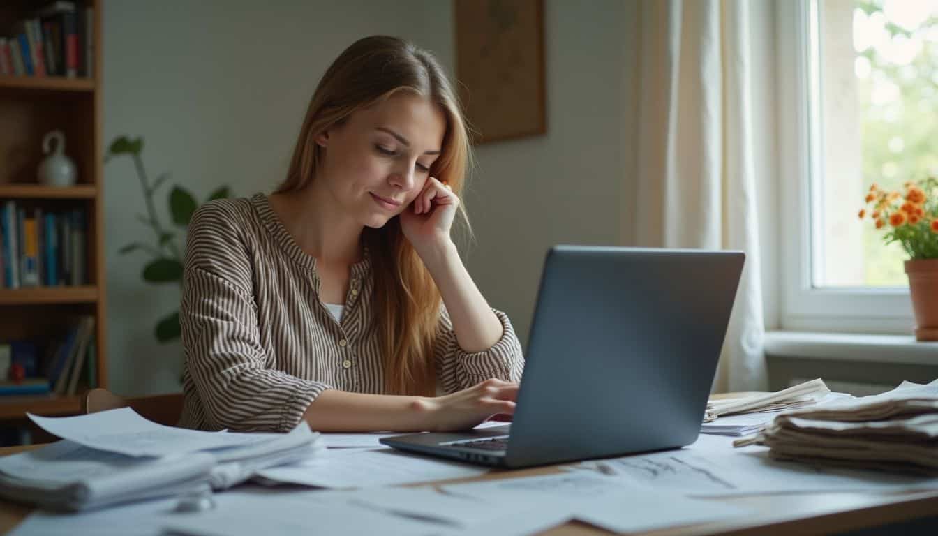 A woman sits at a cluttered desk, focused on her laptop displaying monthly payment data amidst scattered papers. Relaxed woman working at home, surrounded by papers and a laptop, emphasizing productivity, home office setup, and remote work.