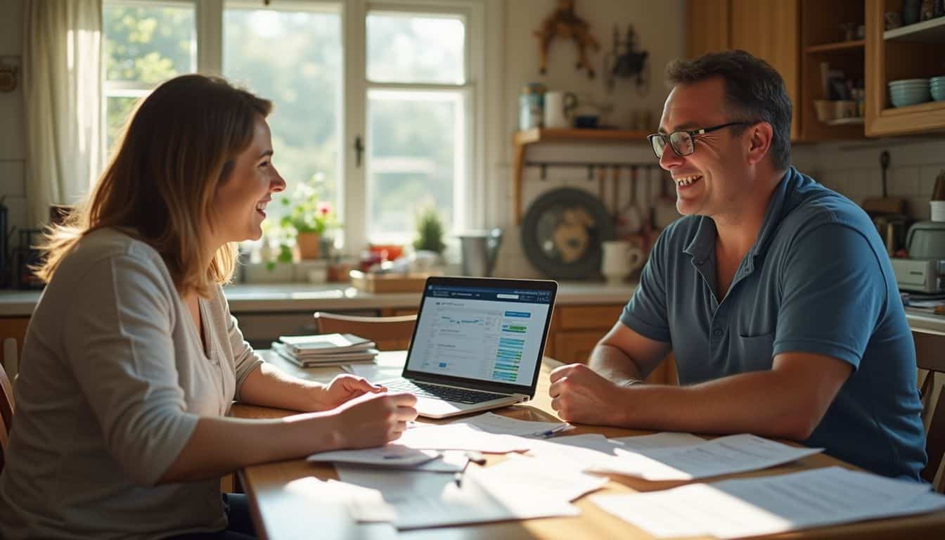 A couple in their 40s discusses finances at a cluttered kitchen table with a laptop open beside them. Finder.png.