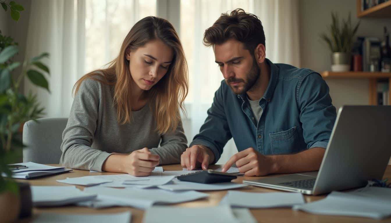 A couple in their 30s sits at a cluttered kitchen table, focused on sorting through bills and financial documents. Confused couple discussing finances at home, overwhelmed with paperwork and bills, sitting at a cluttered desk, using a calculator and laptop, emphasizing financial stress, budgeting, and personal finance management, relevant for budgeting tips, financial planning, and money management articles.