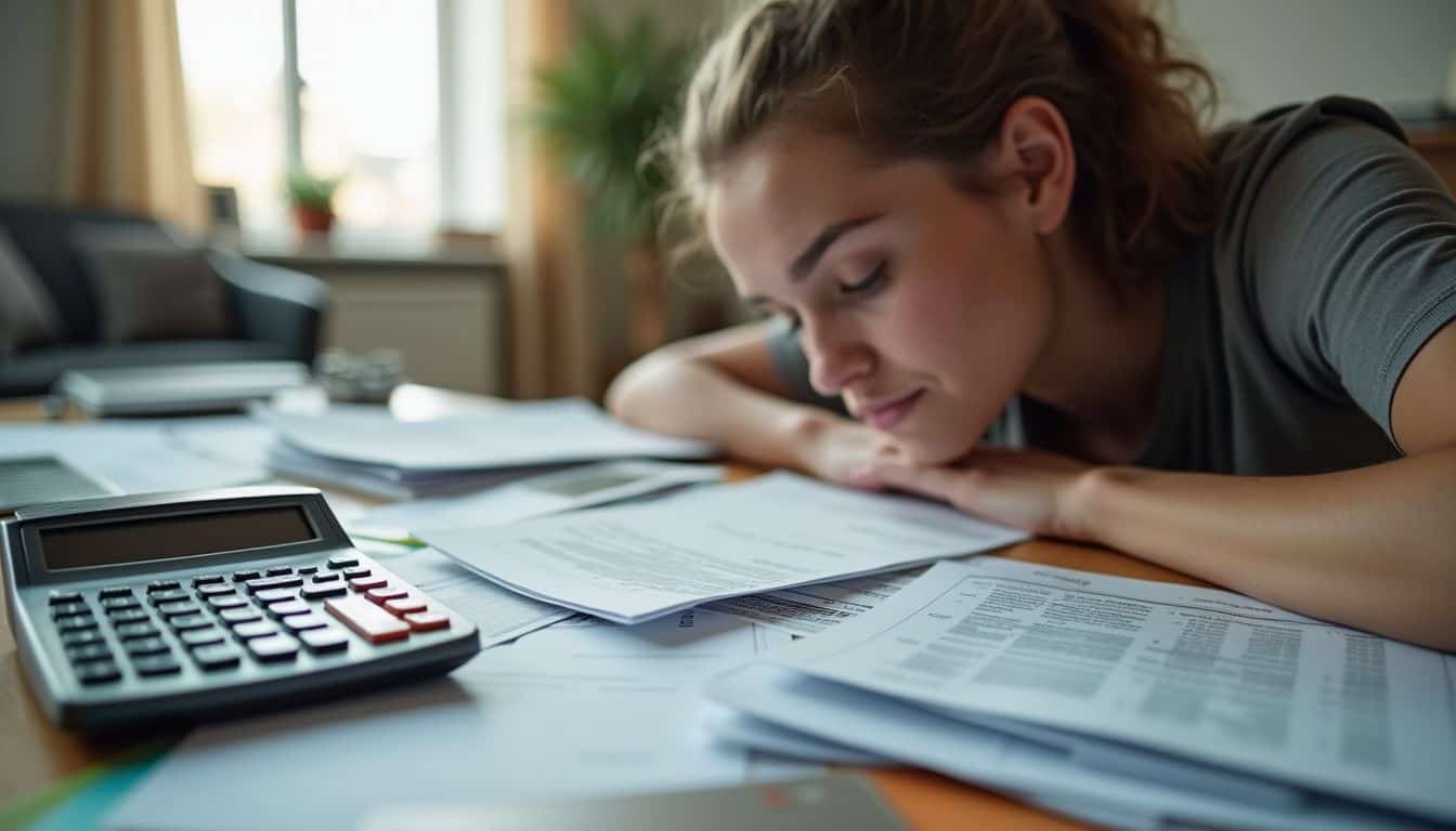 A person is focused on a messy desk filled with papers and a calculator, reflecting an ordinary moment. Overwhelmed woman with finances and bills, stressed about budgeting and expenses at home.