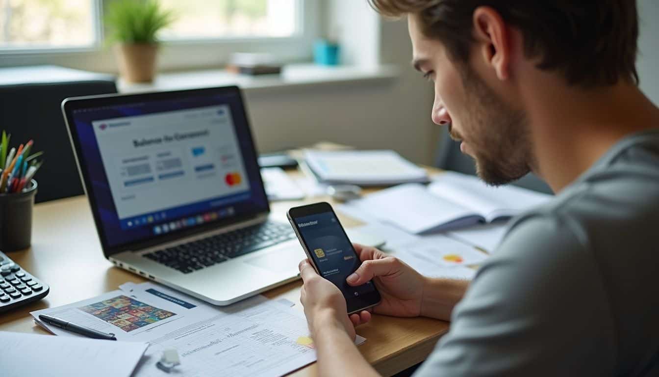 A casual individual sits at a messy desk with credit card statements, a calculator, and a laptop displaying a balance transfer offer. Laptop and smartphone showing online payment and billing information for small business finance management.