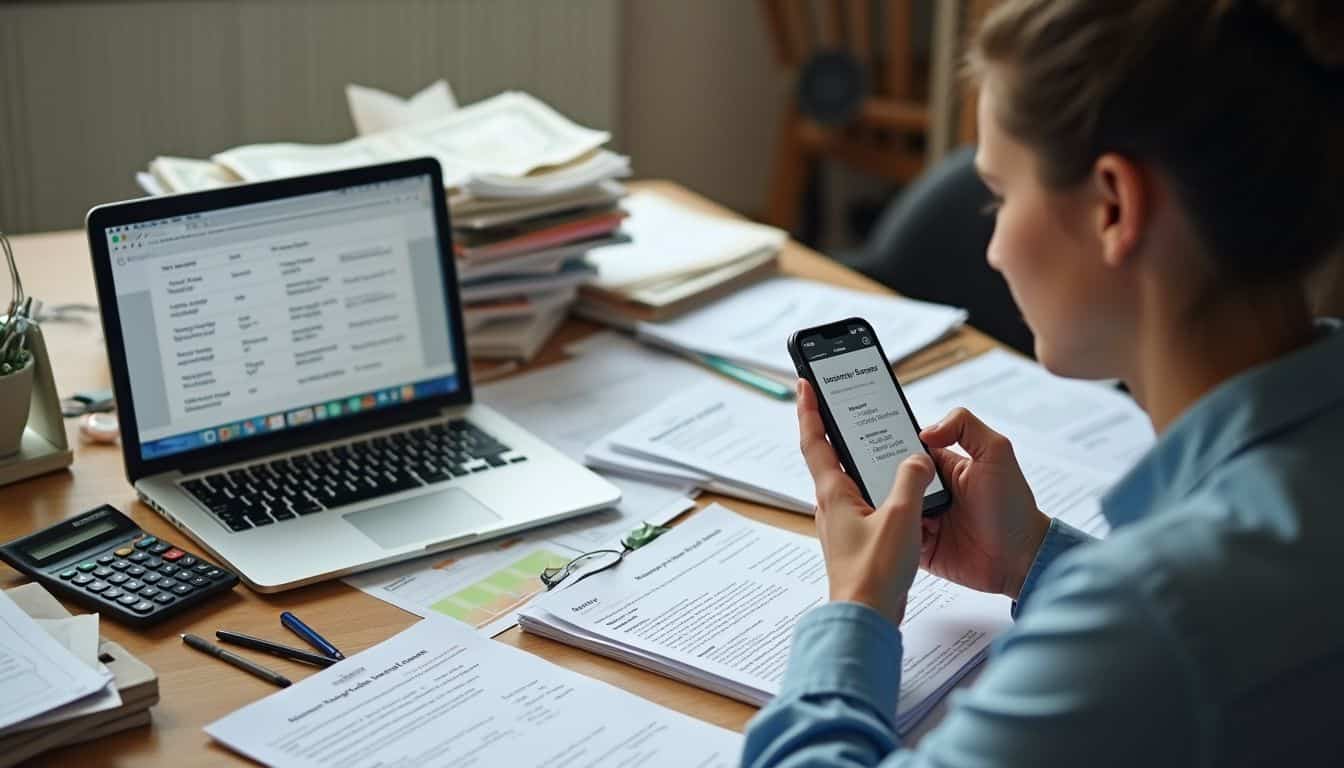 A person is reviewing loan papers at a cluttered desk with a calculator and laptop displaying loan rates. Busy woman reviewing financial documents on smartphone and laptop in cluttered office for personal finance, budgeting, or financial planning.