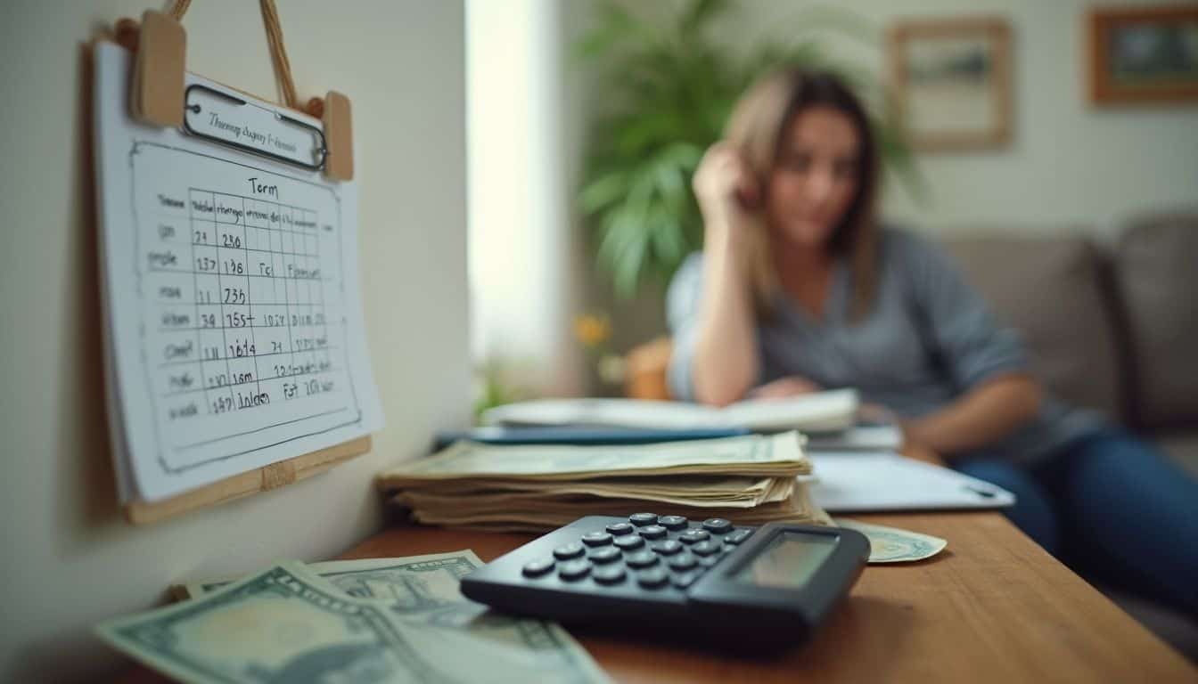 A casual snapshot of a cluttered table with bills, a calculator, and a calendar showing loan term options. Disorganized financial documents and calculator on a wooden desk with a blurred woman in the background, indicating personal finance management at home.