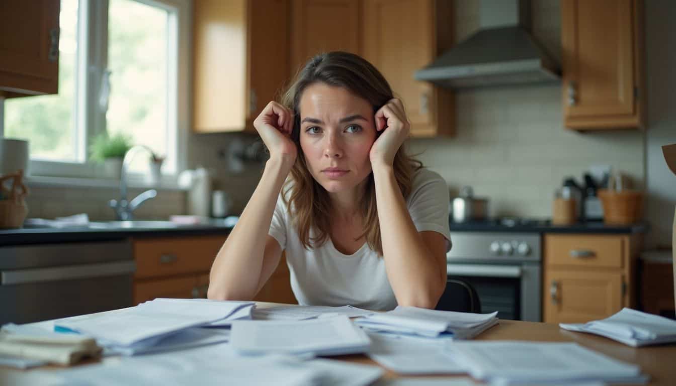 A woman in her 30s sits at a cluttered kitchen table, appearing worn out and distracted by financial stress. Frustrated woman with paperwork in kitchen, overwhelmed with work at home, stress, and deadlines, illustrating common issues faced with work-life balance and family responsibilities.