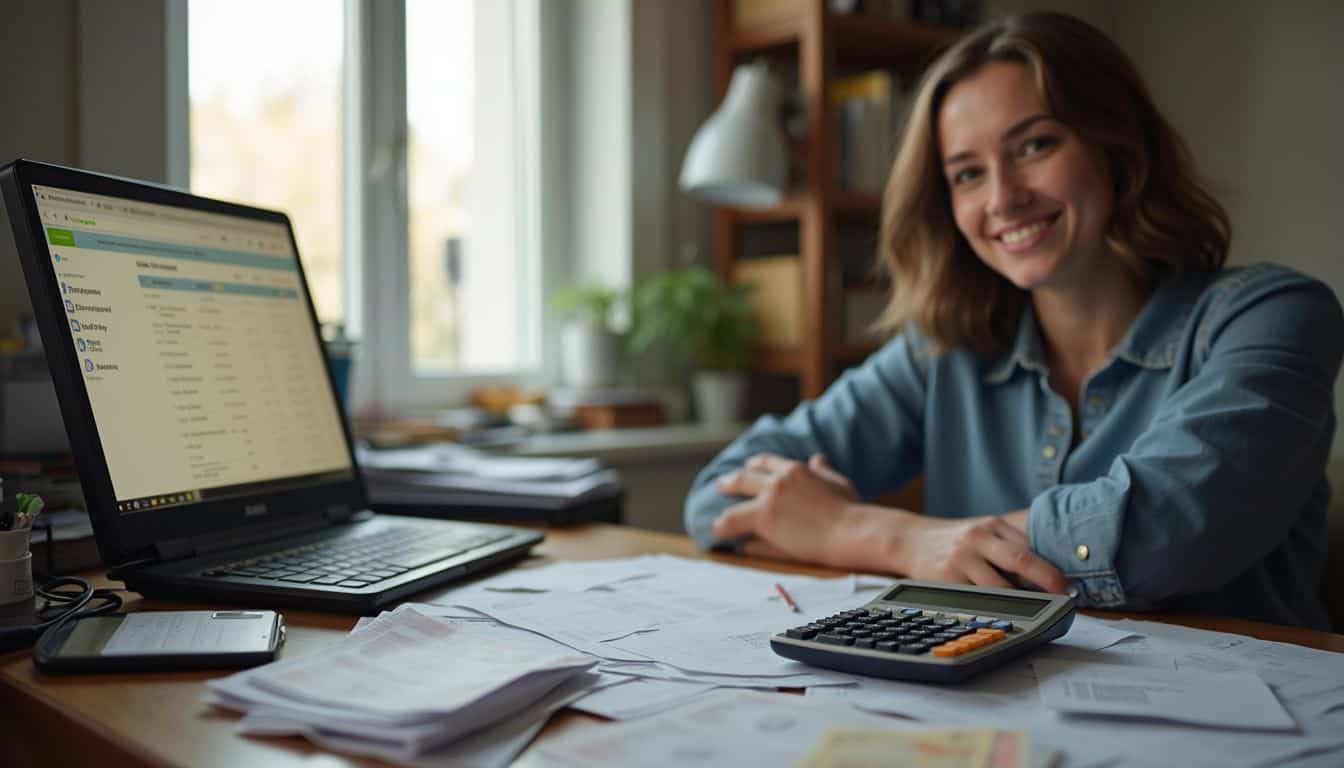 A relaxed person sits at a cluttered desk with bills, a calculator, and a computer screen displaying a payment schedule. Financial paperwork and tax preparation at home, smiling woman working with documents, calculator, and laptop, cozy home office with natural light, financial organization, personal finance management, Tidbits of Experience.