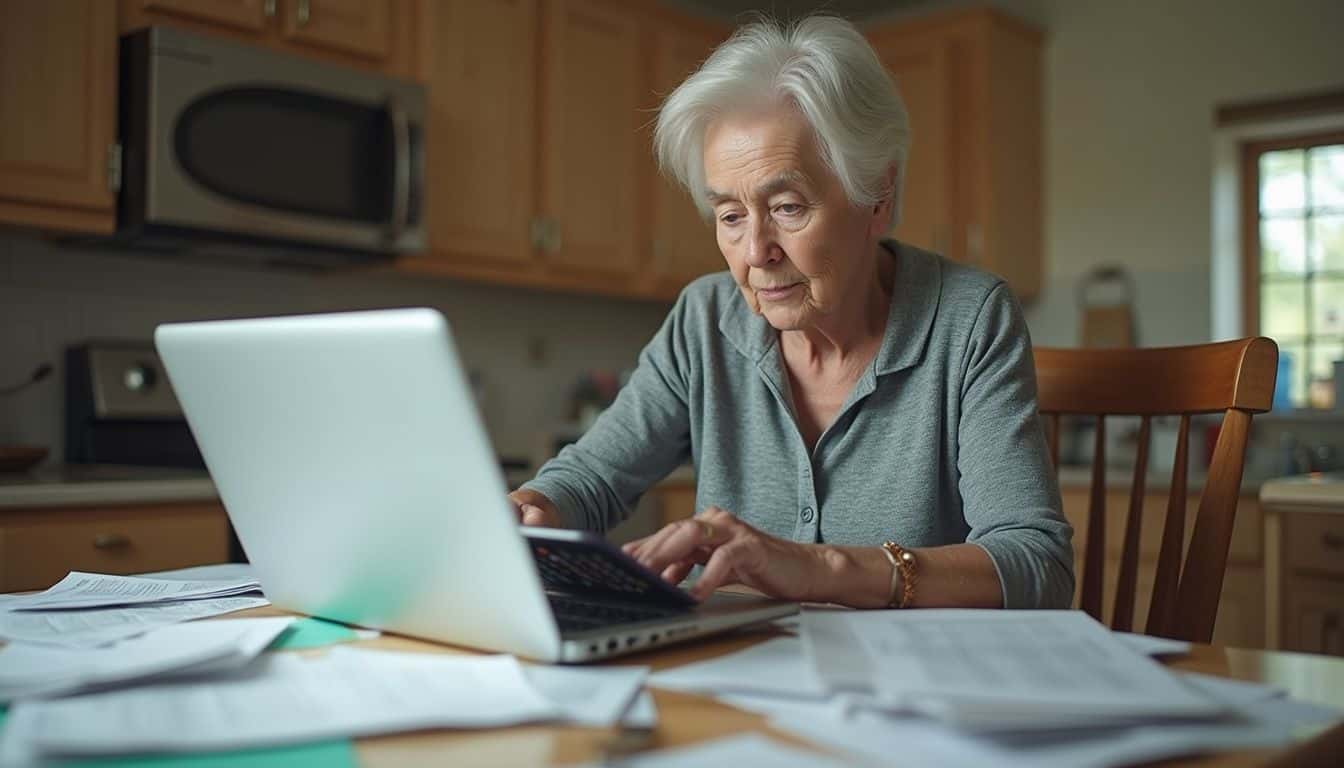 An older woman sits at a messy kitchen table, focused on a laptop while using a debt calculator. An older woman sits at a messy kitchen table, focused on a laptop while using a debt calculator.