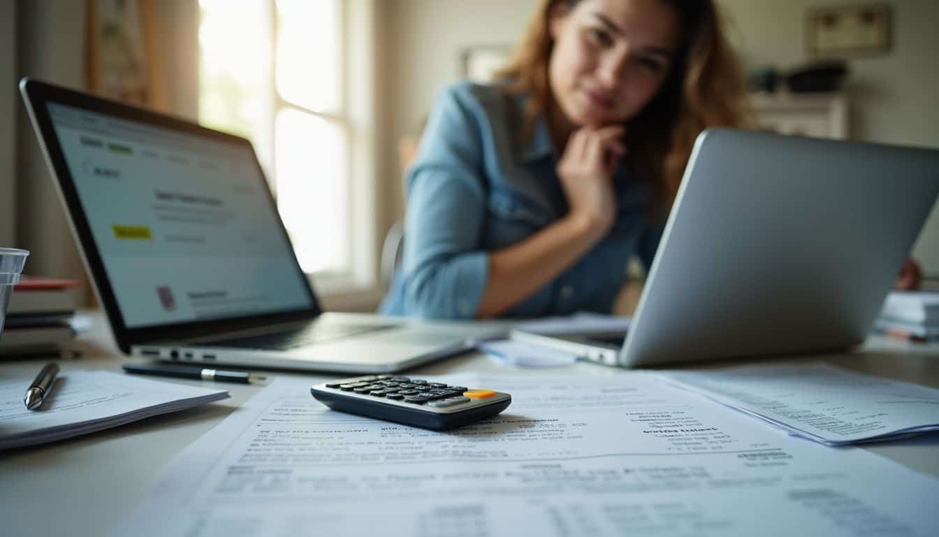 A cluttered desk displays credit reports and a calculator, while a person reflects on debt consolidation. Tax preparation, financial documents, woman working on taxes at home, paperwork and calculator, professional tax filing, home office setup.