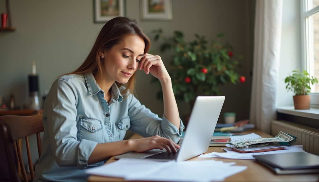 A woman in her 30s sits at a messy desk, browsing debt consolidation options on her laptop. Calm woman working on laptop at home, financial documents and money on desk, cozy interior with natural light, holiday plant, and framed pictures, emphasizing home-based financial organization and productivity.