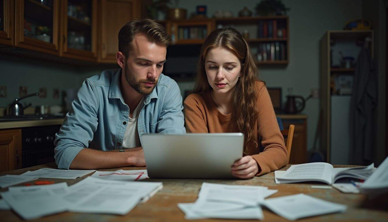 A man and woman in their 30s review finances together at a cluttered kitchen table. Young couple working together on laptop at kitchen table, surrounded by papers and books, late evening scene.
