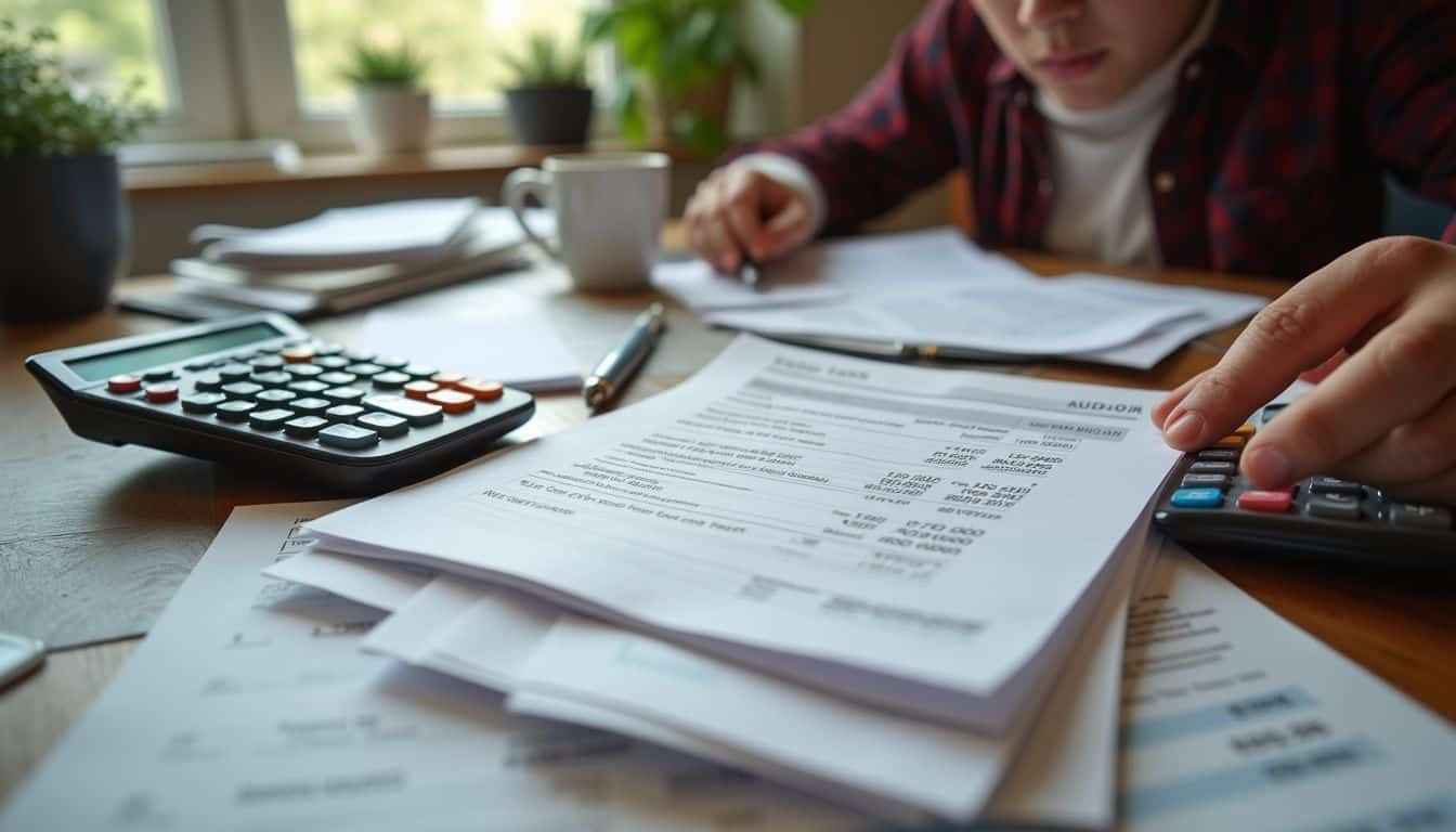 A tired person sorts through crumpled bills and statements on a cluttered desk, reflecting everyday financial struggles. Tax preparation documents on desk with calculator and coffee, personal finances, tax filing, paperwork, accounting, bookkeeping, working from home.