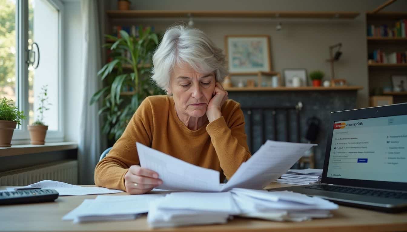 A middle-aged woman sorts through paperwork at a cluttered desk, managing her personal finances with a calculator and laptop. Frustrated senior woman reading bills and paperwork at home, overwhelmed with financial paperwork, cluttered desk, laptop, and houseplants, in a cozy and modern living room.