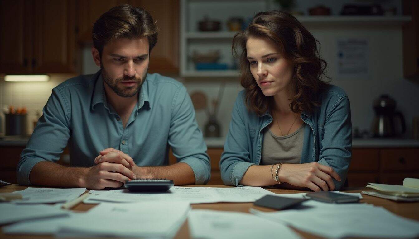 A couple sits at a cluttered kitchen table, reviewing loan documents with focused and tense expressions. Frustrated couple reviewing bills or financial documents at home, sitting at a kitchen table, emphasizing financial stress, bill paying, and household budget management.