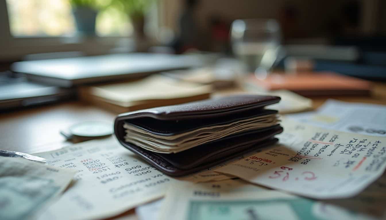 An empty wallet rests on a cluttered desk surrounded by crumpled bills and credit card statements. Cluttered desk with open wallet, receipts, notebooks, and office supplies, reflecting busy work or personal organization. A blurred window in the background provides natural lighting.