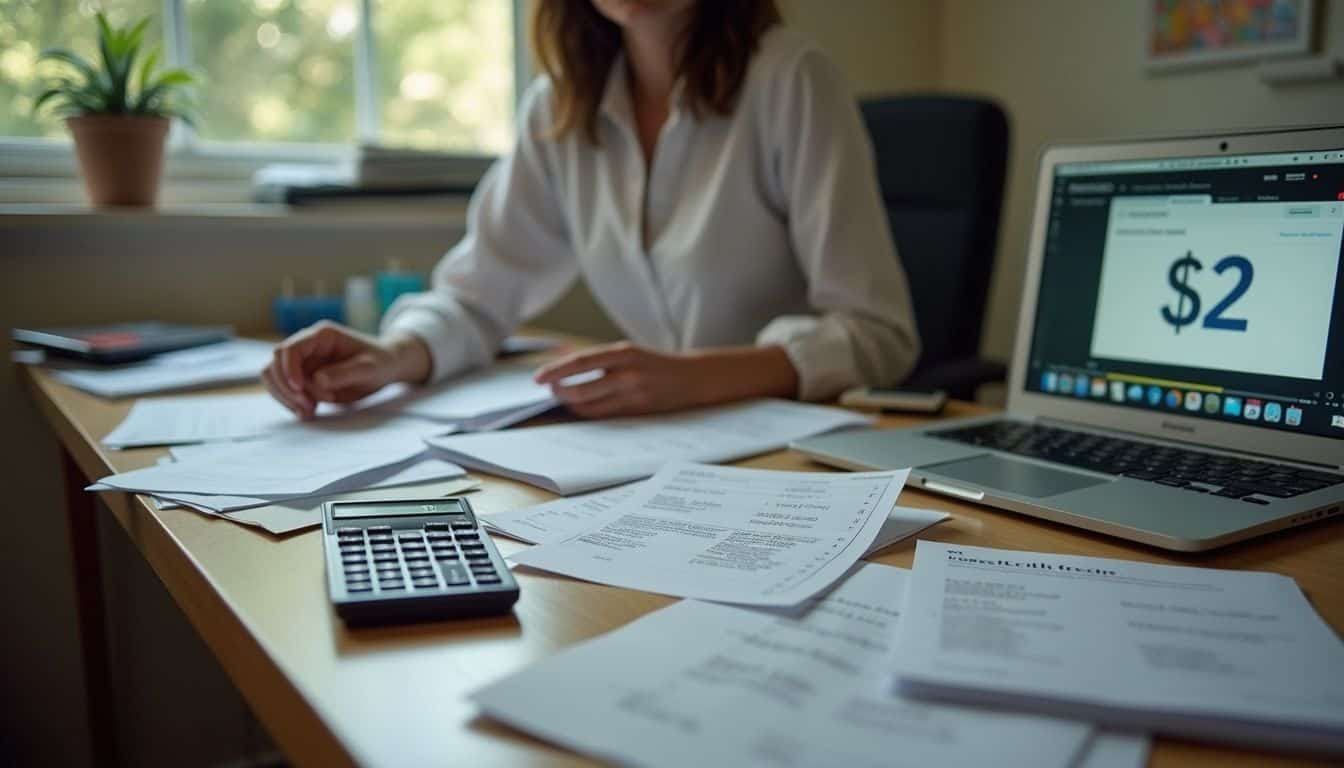 A cluttered desk with papers, a calculator, and a laptop, featuring a casual person focused on work. Numerous financial documents and a calculator scattered on a desk with a woman working on paperwork, emphasizing personal finance management, budgeting, and financial planning.