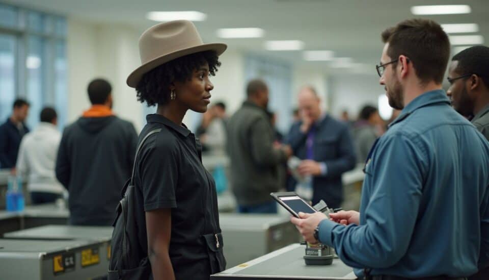 A busy airport security area shows a traveler with a bag, while a wig triggers the scanner alarm. Black woman at airport security check wearing a stylish hat and black outfit, engaged in conversation with airport staff, showing ease and confidence in travel experience.