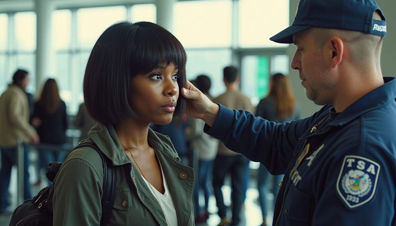 A woman looks confused as a TSA agent conducts a light pat-down at an airport security line. Passport control officer checking traveler's passport at airport security checkpoint, TSA officer assist, immigration process, travel safety procedures, airport security screening, travel documentation verification, TSA checkpoint, international travel security, airport immigration process, security officer duties, travel safety protection, TSA screening process, document validation, airport customs inspection, security checkpoint procedures, travel verification, TSA agent performing security check, airport passenger screening, travel authorization, security personnel ensuring safe travel.