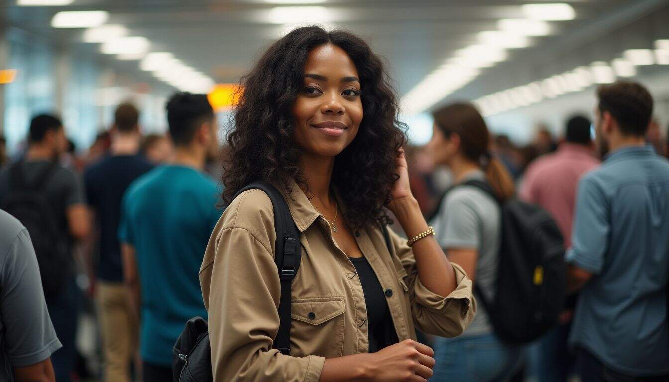 A woman casually adjusts her wig while standing in a busy TSA security line at the airport. Woman with curly hair at airport terminal with travelers in background.
