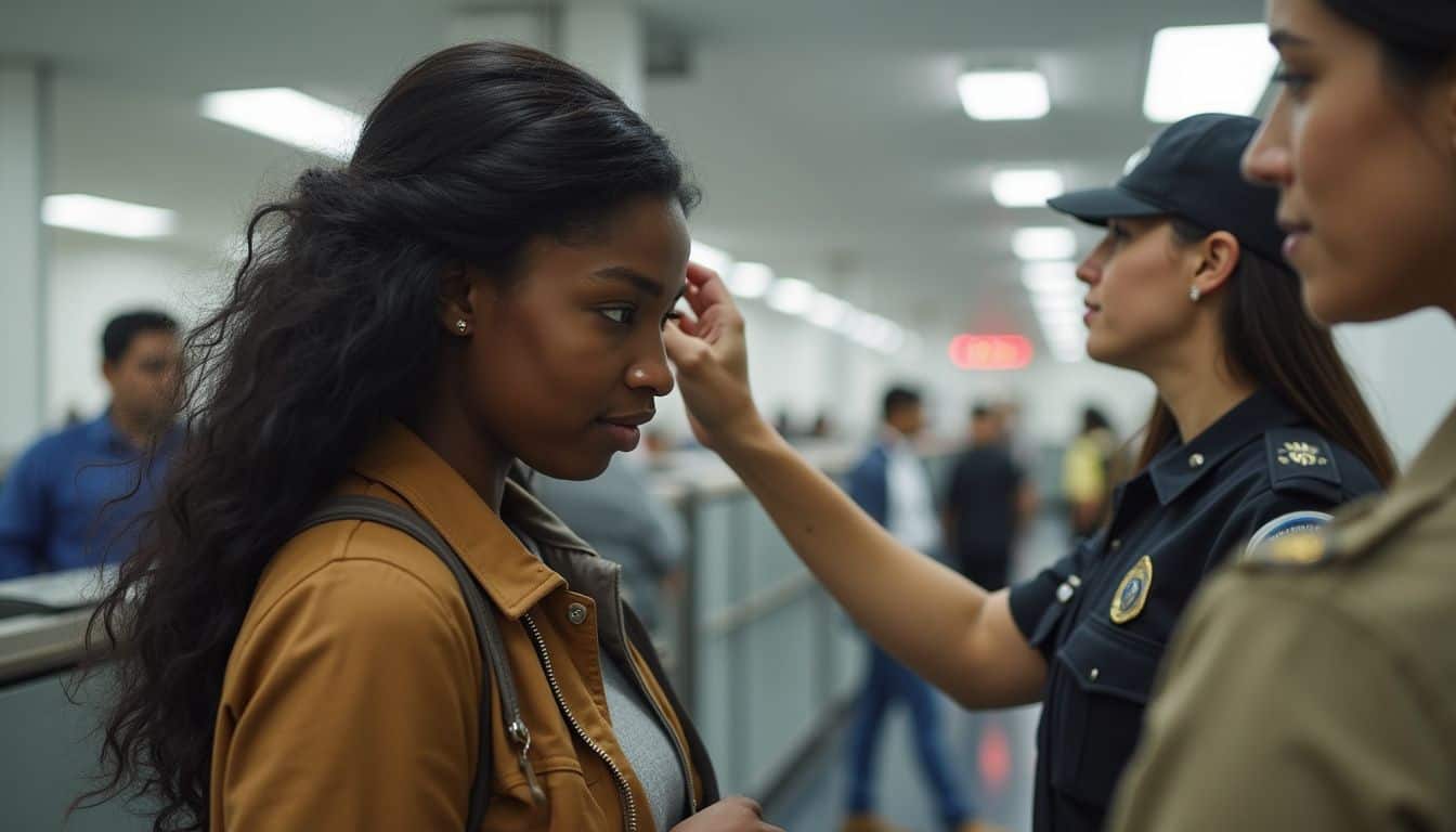 A woman waits at a TSA checkpoint while a security officer gently checks her hair. African american woman at airport security checking her ID, diverse travelers, airport safety procedure.